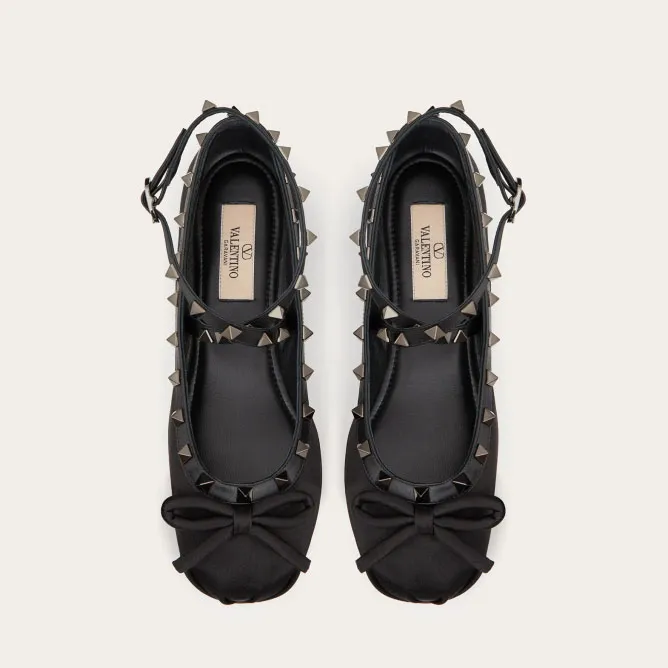 VALENTINO Rivet satin black ballet flats shoes