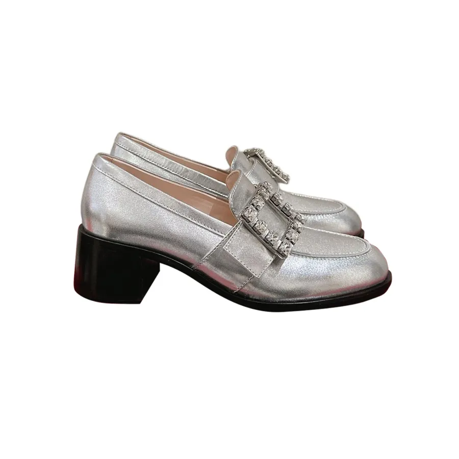 Roger Vivier Viv' Rangers Loafers In Silver Leather With Crystal Buckle (Heel Height 5.5cm)