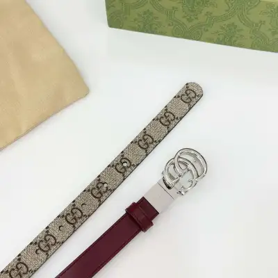 Gucci Women's GG Buckle Marmont Reversible Belt In Red Calfskin And Beige Canvas With Gold/Silver Hardware 20mm