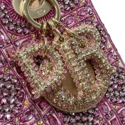 Dior Small Lady Dior Bag Metallic/Blue/Grey Lambskin and Rose des Vents/Dark Blue/Light Grey Satin Embroidered with Beads Gold Hardware