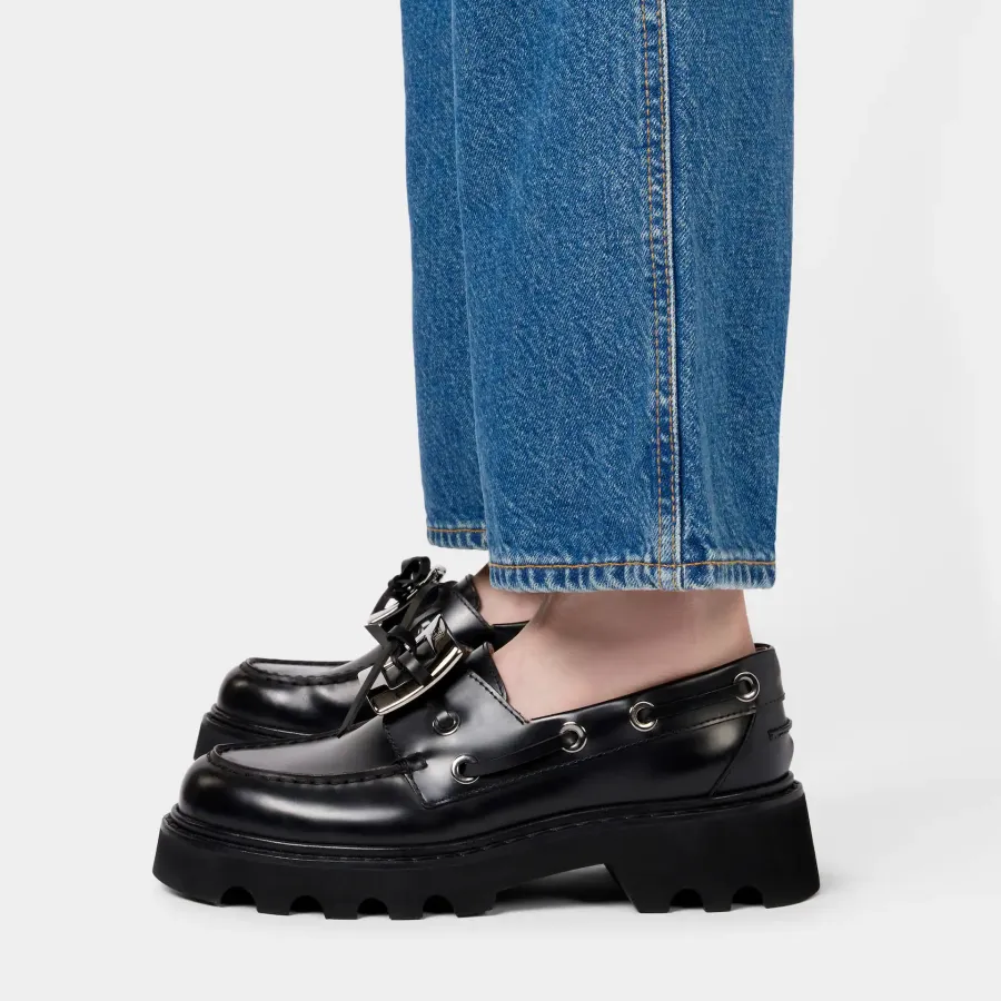 Roger Vivier Viv' Rangers Truck Boat Shoes Loafers In Black Leather With Metal Buckle (Heel Height 5cm)