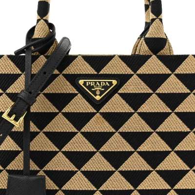Prada Small Triangolo Symbole Embroidered Tote Black and Corda Jacquard Saffiano Leather Gold Hardware