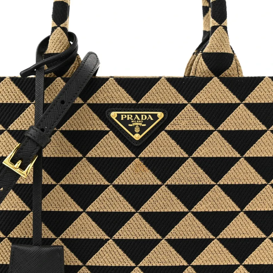 Prada Small Triangolo Symbole Embroidered Tote Black and Corda Jacquard Saffiano Leather Gold Hardware