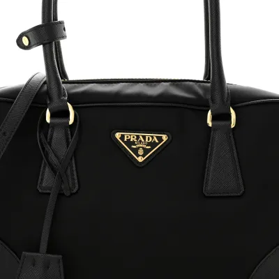 Prada Medium Re-Edition 1978 Two Handle Bag Black Re-Nylon & Saffiano Leather Gold Hardware