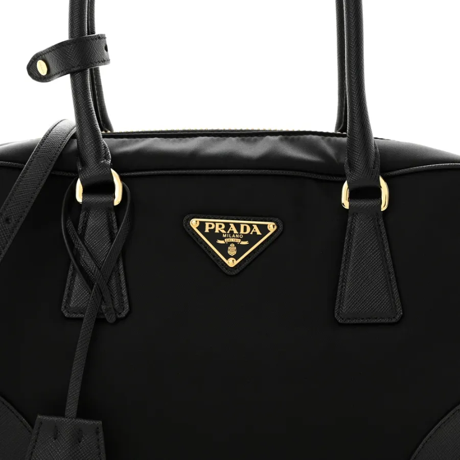 Prada Medium Re-Edition 1978 Two Handle Bag Black Re-Nylon & Saffiano Leather Gold Hardware