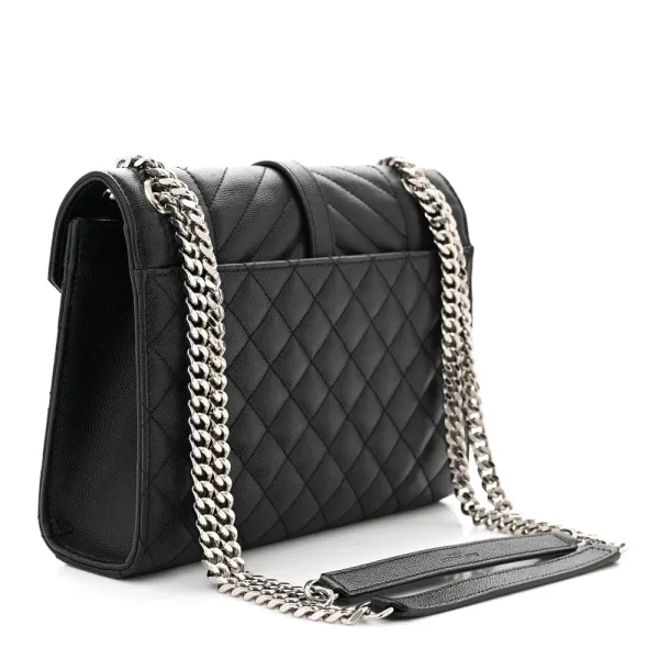 Saint Laurent Medium Satchel Black Triquilt Monogram Grain De Poudre Textured Mixed Matelasse Leather Silver Hardware - Image 3