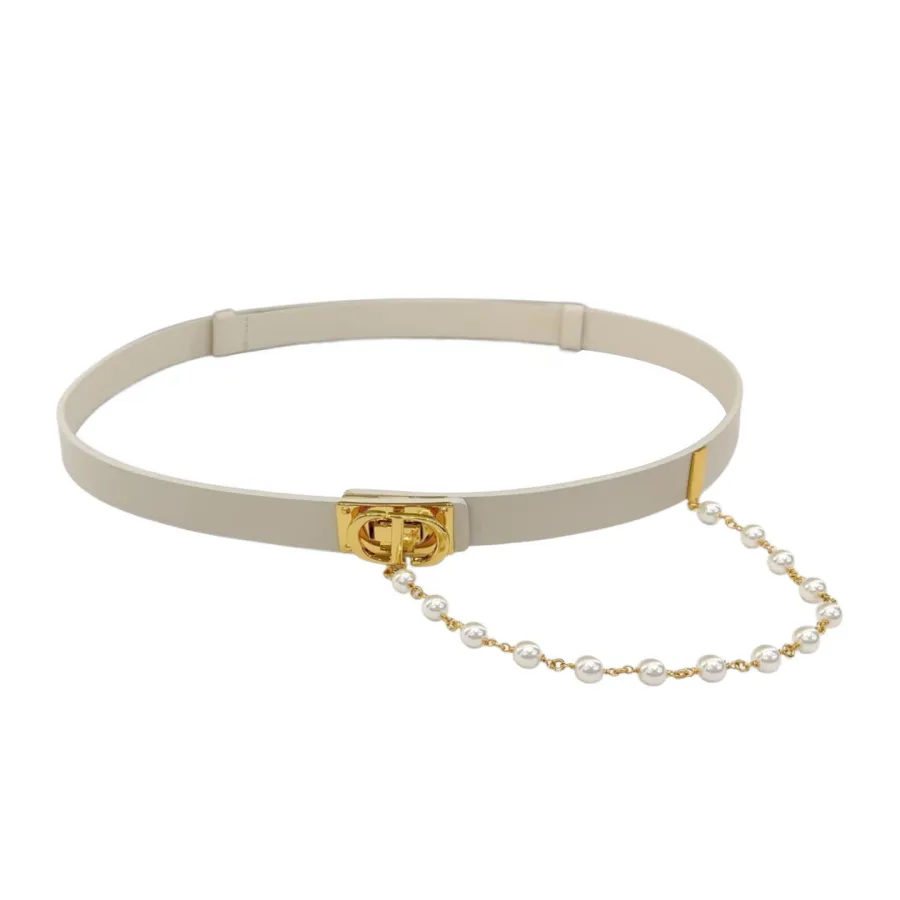 Dior Women' s Square Buckle With Pearls Caro Chain Belt In Black/Brown/White Calfskin With Gold Hardware 20mm