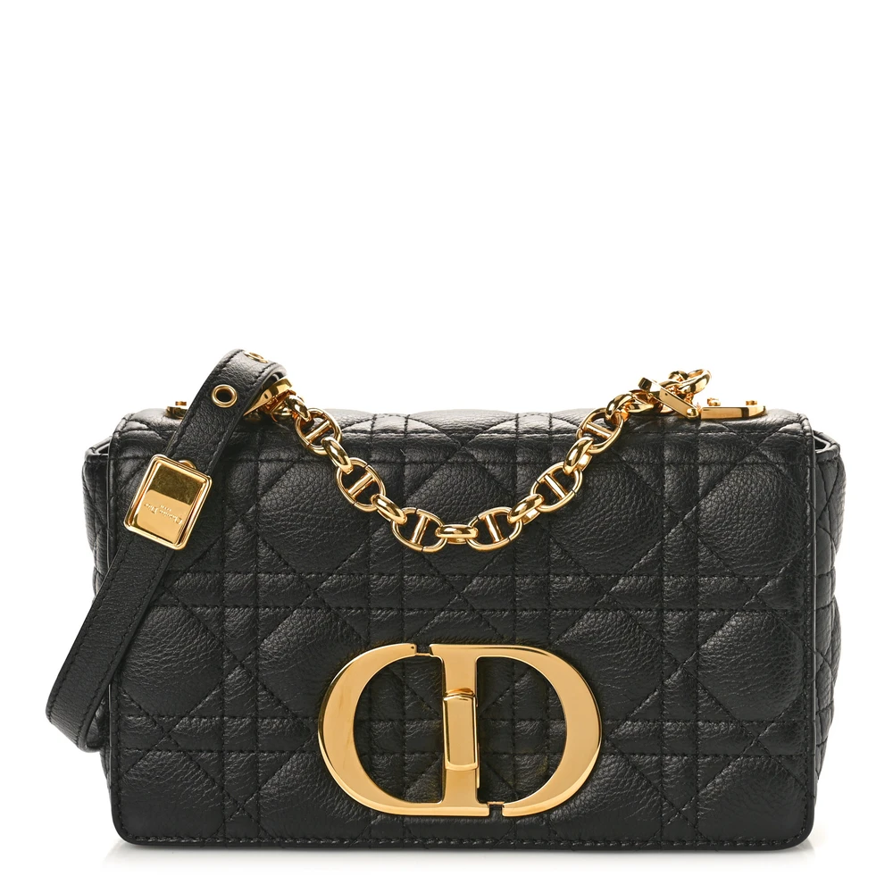 Bolsa Dior Caro Pequena em Couro Calfskin Cannage Preto com Hardware Dourado