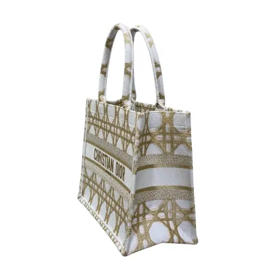 Dior Medium Dior Book Tote Gold-Tone and White Macrocannage Embroidered Canvas