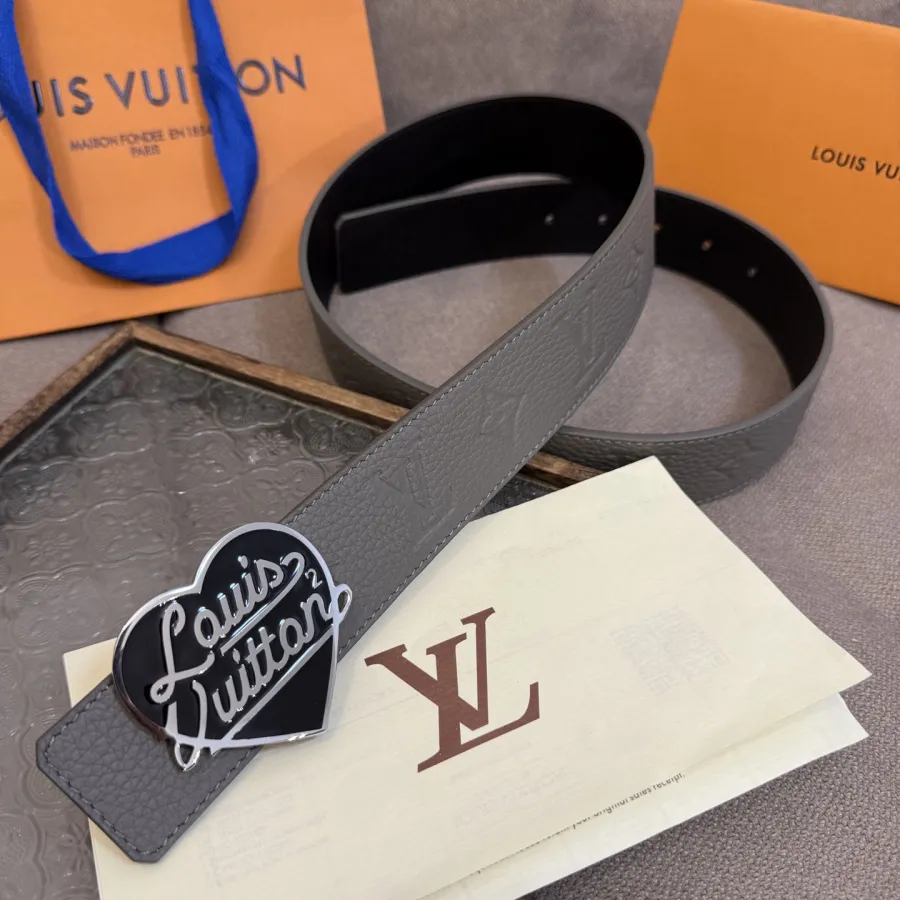 Louis Vuitton Men's Shield LV Heart Buckle Reversible Belt In Grey/Black Calfskin With Silver Hardware 40mm