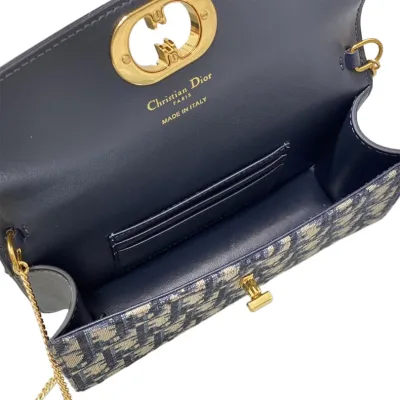 Dior Miss Caro Pouch with Chain In Blue Dior Oblique Jacquard and Smooth Calfskin Gold Hardware