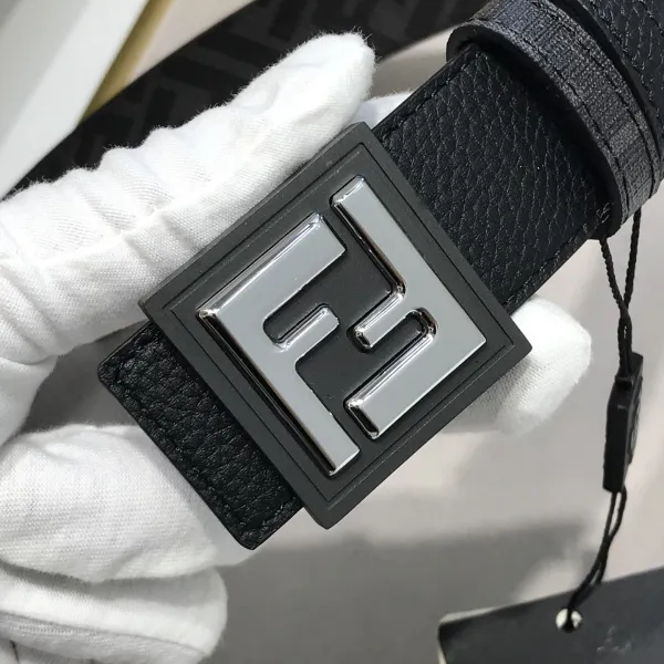 Fendi Men's Square Buckle Belt In Black/Brown Grained Calfskin And Monogram Canvas With Gold/Silver Hardware 35mm - Image 7