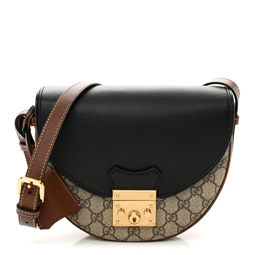 Bolsa Mensageira Gucci Small Padlock em Bege/Preto GG Supreme Monogram Canvas e Couro de Bezerro com Hardware Dourado