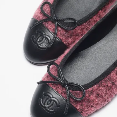 Chanel Autumn and winter series flat shoes, wool twill soft woolen and lambskin pink and black Ballet  Shoes