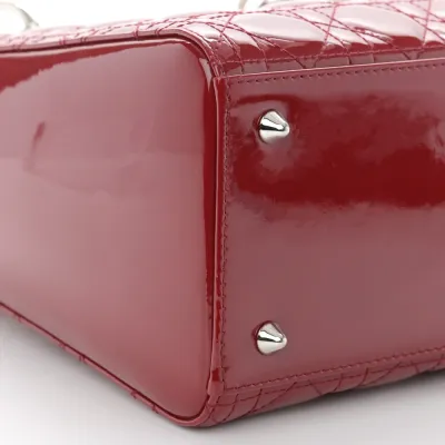 Dior Medium Lady Dior Dark Red Patent Cannage Calfskin Leather Silver Hardware