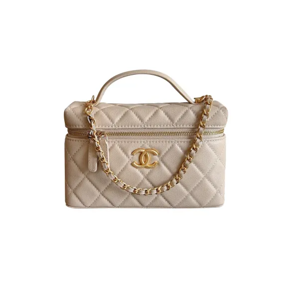 Chanel Apricot color / Yellow / Pink / white / Grey / Black  Quilted Caviar Leather handle makeup bag handbag