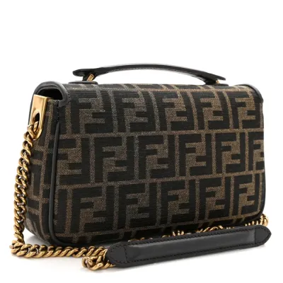 Fendi FF 1974 Midi Chain Baguette Tobacco/Moro Jacquard Fabric Aged Gold Hardware