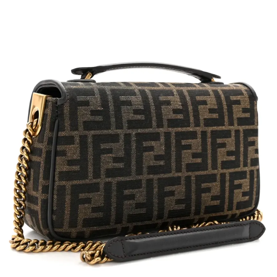 Fendi FF 1974 Midi Chain Baguette Tobacco/Moro Jacquard Fabric Aged Gold Hardware