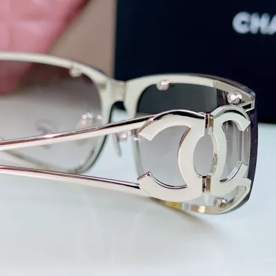 CHANEL square frame glasses grey silver color size 64-11-120