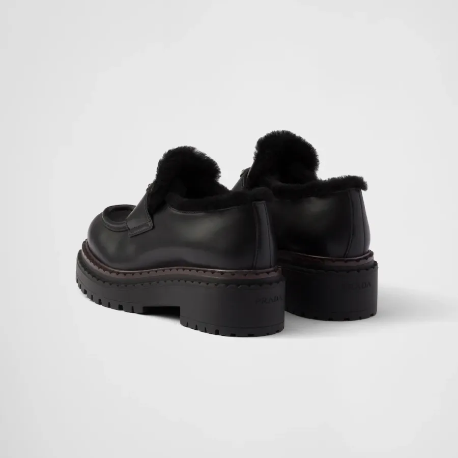 PRADA Black double fabric Chocolate leather and sheep fur loafers