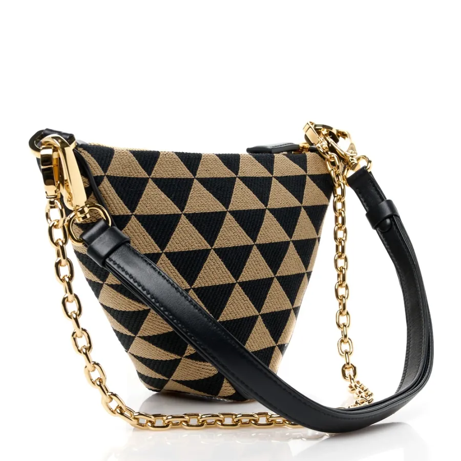 Prada Mini Triangolo Symbole Embroidered Triangle Double Bag Black/Corda Jacquard Calfskin Leather Gold Hardware