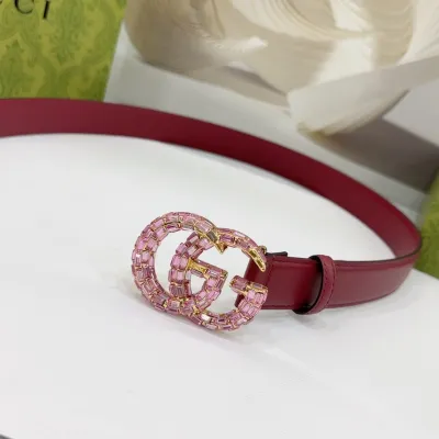 Gucci Women's GG Buckle With Crystals Marmont Thin Belt In Black/Red/Khaki/White/Grey/Green Smooth Calfskin With Gold/Silver Hardware 30mm