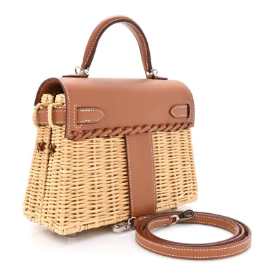Hermès Picnic Mini Kelly 20 Naturel/Brown Wicker & Swift Leather Palladium Silver Hardware
