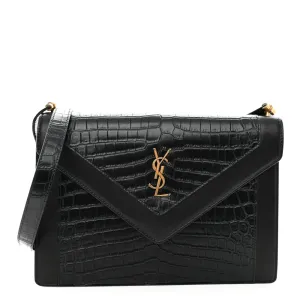 Saint Laurent Medium Gaby Satchel Black Embossed Calfskin & Crocodile Leather Aged Gold Hardware