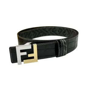 Fendi Men's Squared FF Buckle Belt In Black Crocodile-Embossed Calfskin And Monogram Canvas With Gold/Silver/Gun Black Hardware 40mm