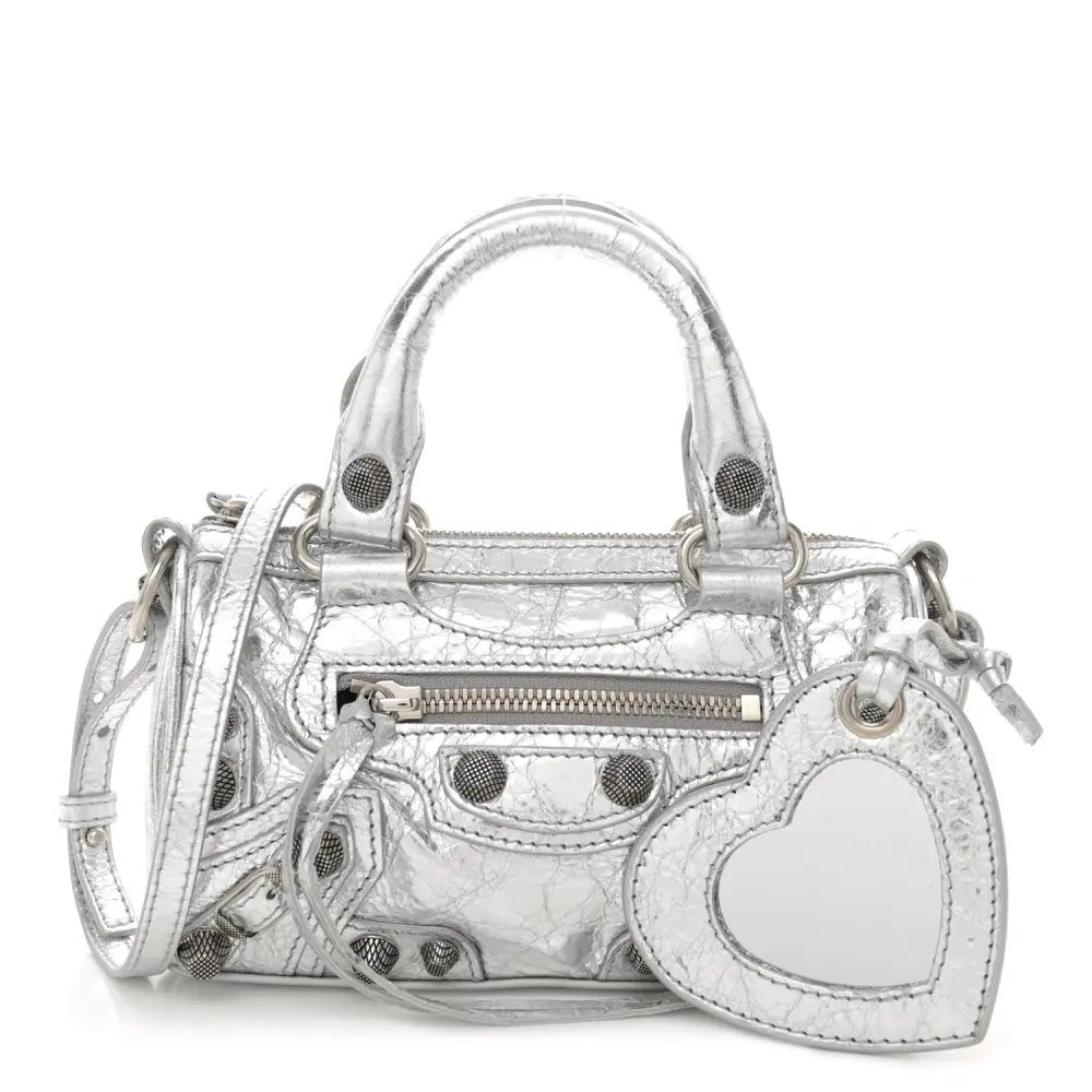 Balenciaga Crystal Neo Nano Cagole Bolsa Prata Couro Agneau Arena Hardware Prata