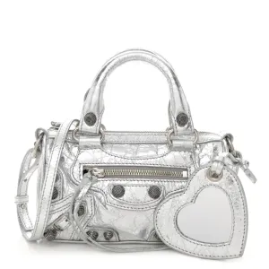 Balenciaga Crystal Neo Nano Cagole Handbag Silver Agneau Arena Leather Silver Hardware