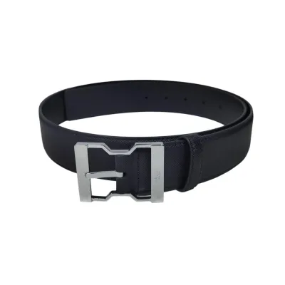 Prada Men' s Irregular Buckle Belt In Black Saffiano Calfskin With Black/Silver Hardware 40mm