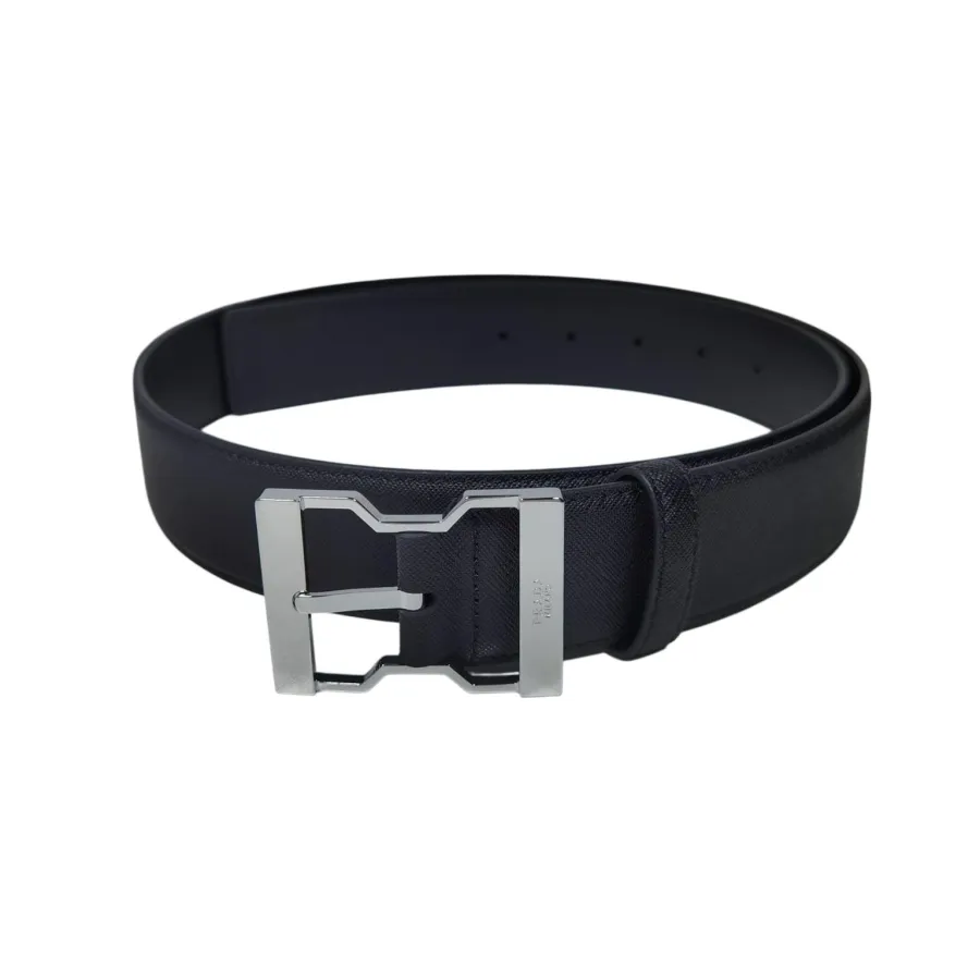 Prada Men' s Irregular Buckle Belt In Black Saffiano Calfskin With Black/Silver Hardware 40mm