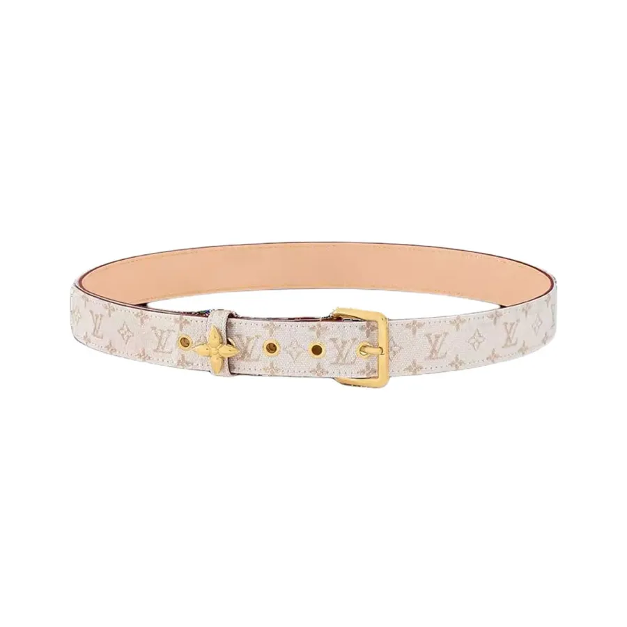 Louis Vuitton Women's Flowergram Ardillon Belt In White/Blue Monogram Canvas With Gold Hardware 30mm