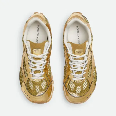 Bottega Veneta Orbit Sneakers In Gold/White Technical Fabric And Mesh Lace-Up Sneaker