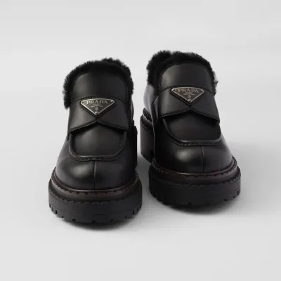 PRADA Black double fabric Chocolate leather and sheep fur loafers
