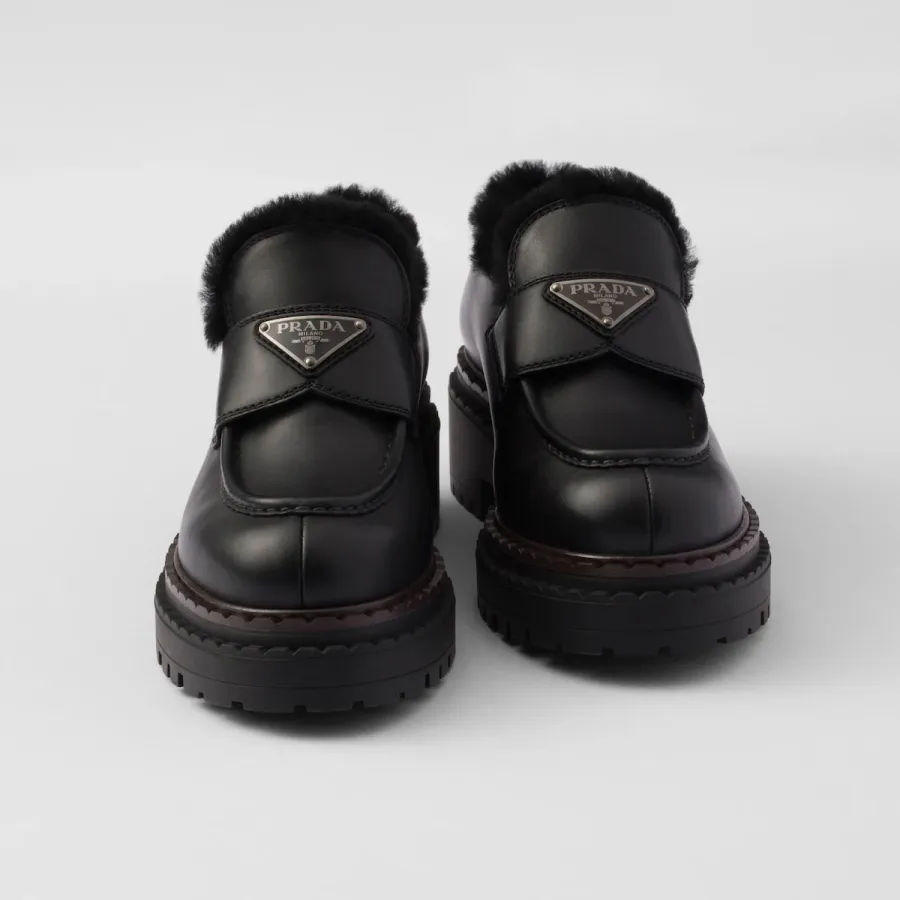 PRADA Black double fabric Chocolate leather and sheep fur loafers