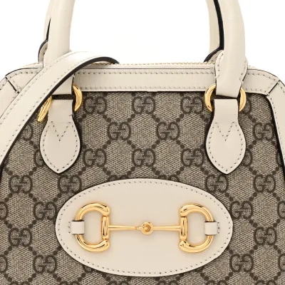 Gucci Mini Horsebit 1955 Top Handle Bag Beige / Ebony / Mystic White GG Supreme Monogram Canvas & Azalea Calfskin Leather Gold Hardware