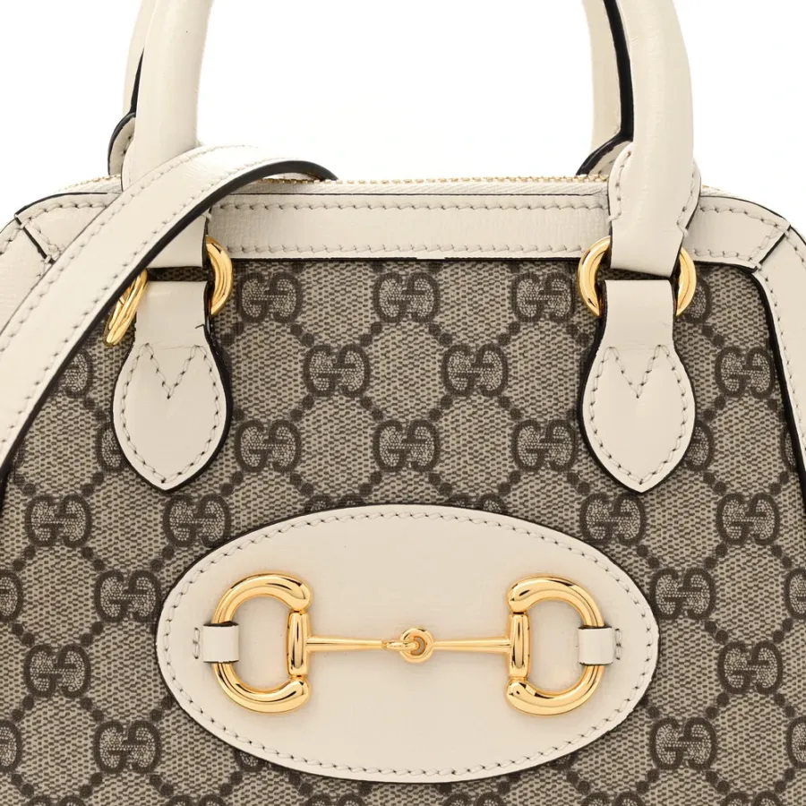 Gucci Mini Horsebit 1955 Top Handle Bag Beige / Ebony / Mystic White GG Supreme Monogram Canvas & Azalea Calfskin Leather Gold Hardware