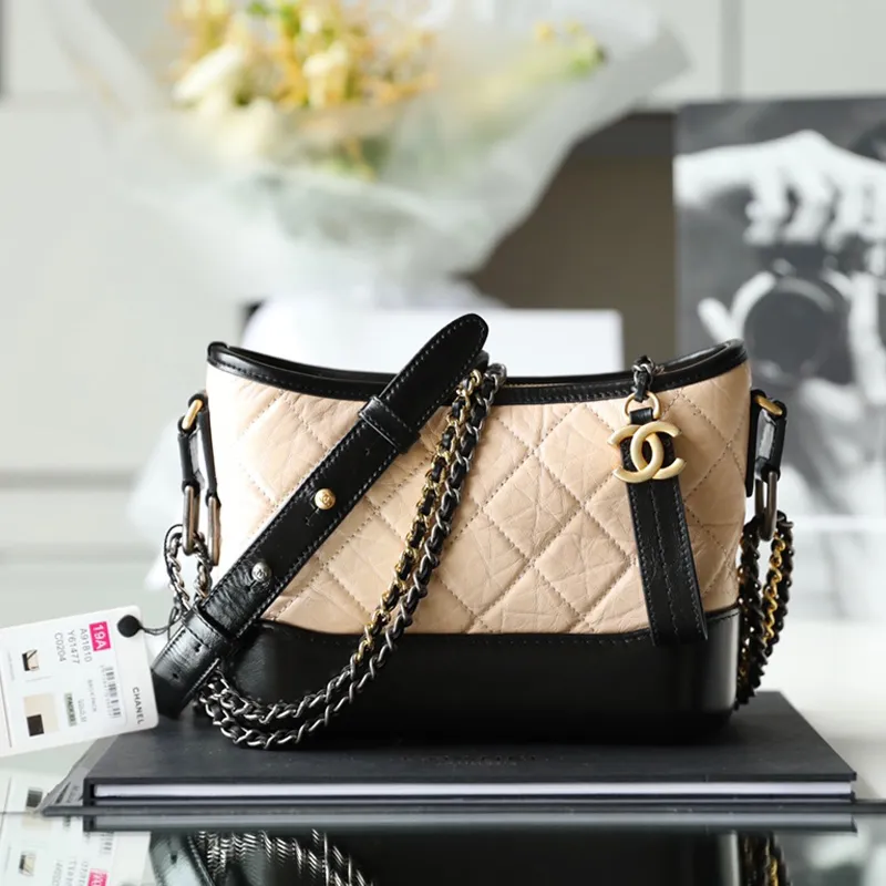 Chanel Apricot with black Bag Quilted Calfskin Leather Shoulder Bags Crossbody Bags