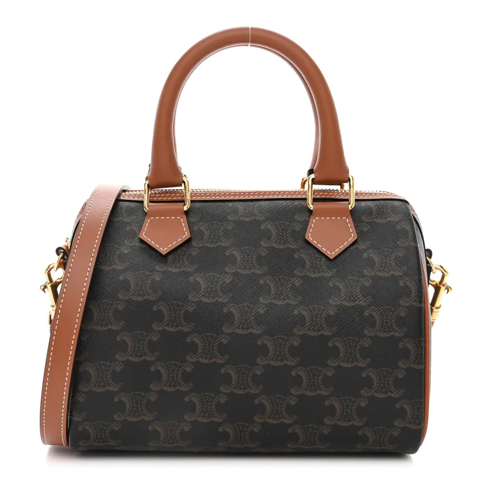 Celine Bolsa Boston Pequena Bege Triomphe em Canvas e Couro de Bezerro