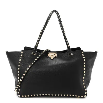 Valentino Garavani Medium Rockstud Tote Black Pebbled Calfskin Leather Gold Hardware