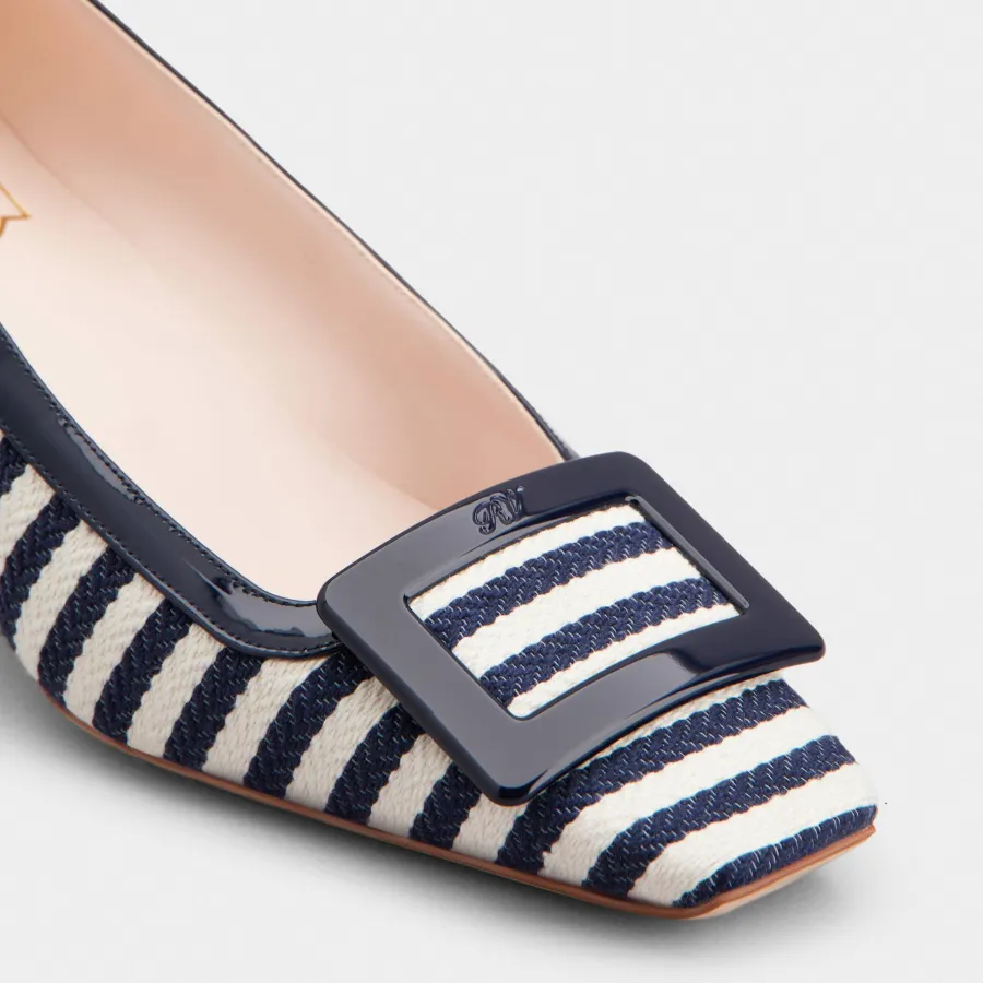 Roger Vivier Belle Vivier Pumps High Heels In Navy Blue/White Canvas With Lacquered Metal Buckle (Heel Height 4.5cm)