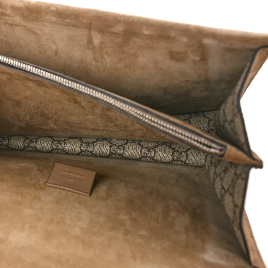 Gucci Small Dionysus Shoulder Bag Taupe GG Supreme Monogram Canvas Aged Silver Hardware