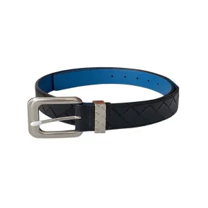 Bottega Veneta Men's Square Buckle  Intrecciato Reversible Belt In Blue/Coffee Calfskin With Silver Hardware 35mm