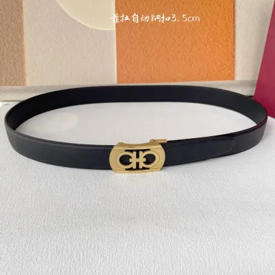 Ferragamo Men's Rectangled Double Gancini Buckle Belt In Black Calfskin With Gold/Silver Hardware 35mm