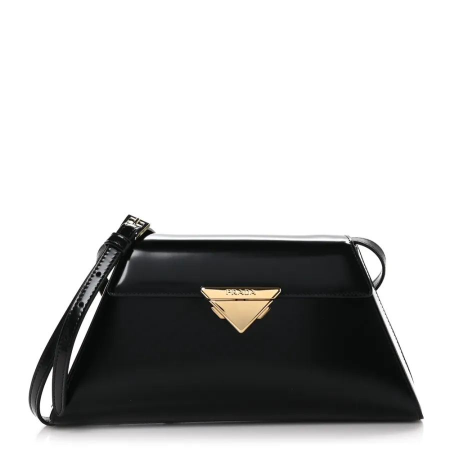 Prada Medium Flap Shoulder Bag Black Spazzolato Leather Gold Hardware