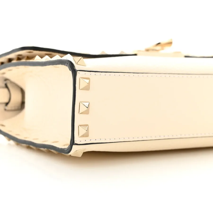 Valentino Garavani Medium Rockstud Flip Lock Crossbody Bag Light Ivory Pebbled Calfskin Leather Gold Hardware