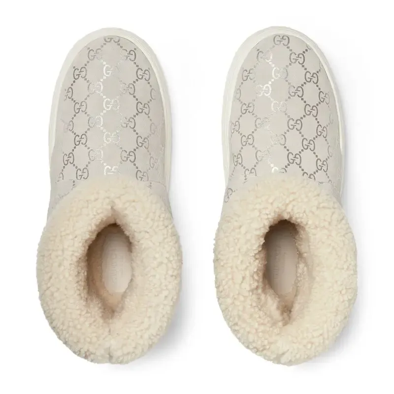 Gucci white platform woolen rolled edge women's ankle boots