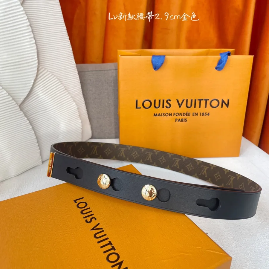 Louis Vuitton Women's Studs Reversible Belt In Black Calfskin And Monogram Canvas With Gold/Silver Hardware 29mm